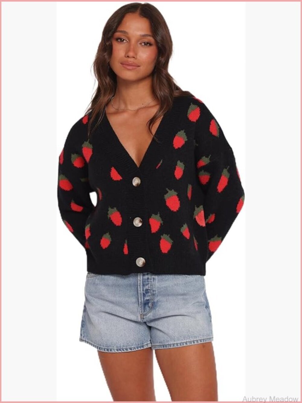 Relaxed Fit Strawberry Knit Cardigan V-Neck Long Sleeve